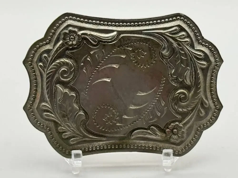 Western Belt Buckle Floral Engraved Scalloped Missing Decorative Piece Vintage